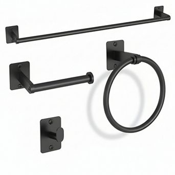 Matte Black 4 pc Bathroom Hardware Set: 24" Towel Bar, Ring, TP Holder, Hook (Wall Mounted)