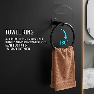 Matte Black 4-Piece Bathroom Hardware Set: 24" Towel Bar, Ring, TP Holder, Hook (Wall Mounted)
