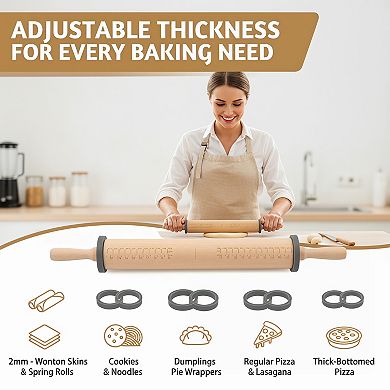 Long Adjustable Wood Rolling Pin with Thickness Rings Measurement