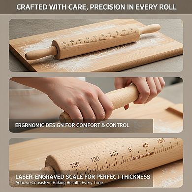 Long Adjustable Wood Rolling Pin with Thickness Rings Measurement
