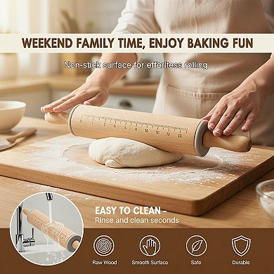Long Adjustable Wood Rolling Pin with Thickness Rings Measurement