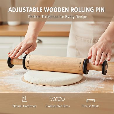 Long Adjustable Wood Rolling Pin with Thickness Rings Measurement