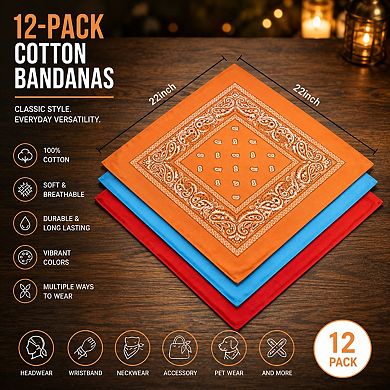 Live2Pedal 12pcs Cotton Bandanas Paisley Pattern 22x22in Multicolor Headband Necktie