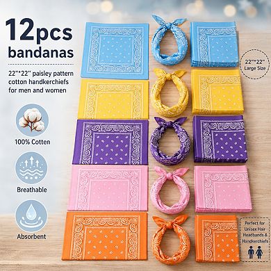Live2Pedal 12pcs Cotton Bandanas Paisley Pattern 22x22in Multicolor Headband Necktie
