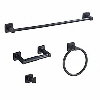 Matte Black 4 pc Bathroom Hardware Set Stainless Steel Towel Bar Ring Robe Hook TP Holder