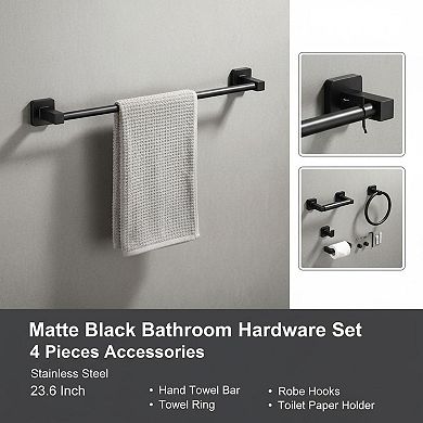Matte Black 4-Piece Bathroom Hardware Set Stainless Steel Towel Bar Ring Robe Hook TP Holder