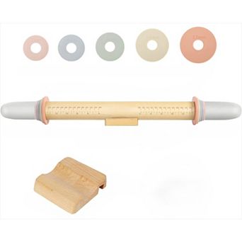 Adjustable Wood Rolling Pin with 5 Thickness Rings Precise Dough Roller