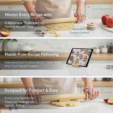 Adjustable Wood Rolling Pin with 5 Thickness Rings Precise Dough Roller