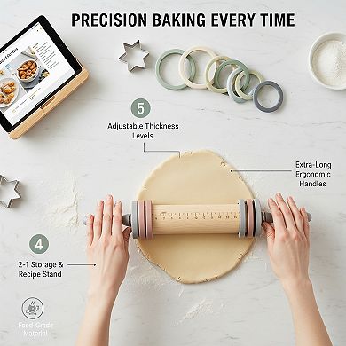 Adjustable Wood Rolling Pin with 5 Thickness Rings Precise Dough Roller