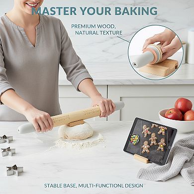 Adjustable Wood Rolling Pin with 5 Thickness Rings Precise Dough Roller