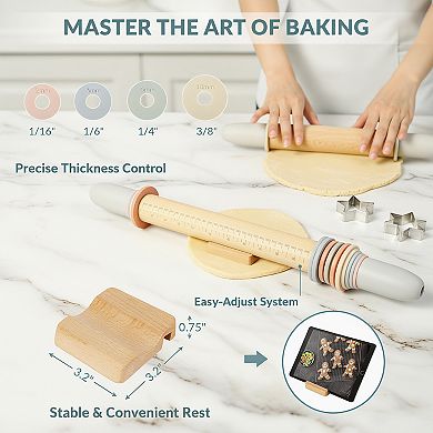 Adjustable Wood Rolling Pin with 5 Thickness Rings Precise Dough Roller