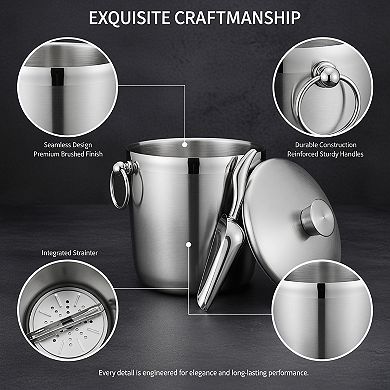 Ice Bucket with Lid Scoop Tongs Strainer Insulated Stainless