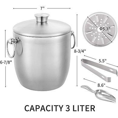 Ice Bucket with Lid Scoop Tongs Strainer Insulated Stainless