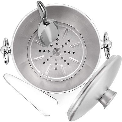 Ice Bucket with Lid Scoop Tongs Strainer Insulated Stainless