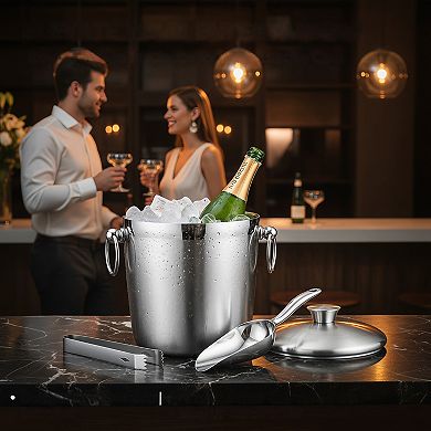 Ice Bucket with Lid Scoop Tongs Strainer Insulated Stainless