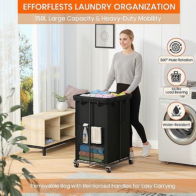 Laundry Hamper with Wheels 150L Rolling Basket Metal Frame
