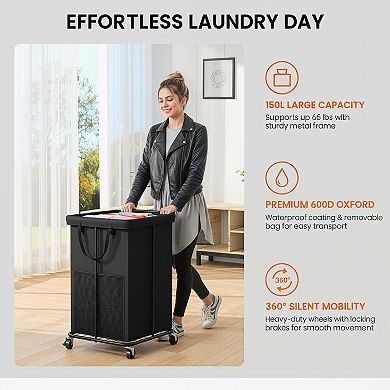 Laundry Hamper with Wheels 150L Rolling Basket Metal Frame
