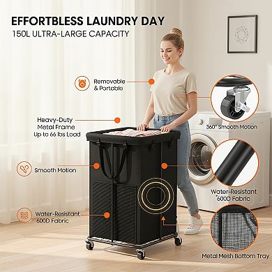 Laundry Hamper with Wheels 150L Rolling Basket Metal Frame