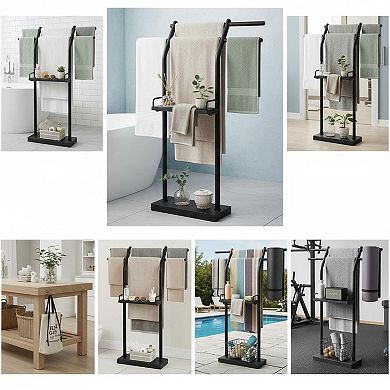 Free Standing Towel Rack 4-Tier Storage Double Rods Sturdy Metal