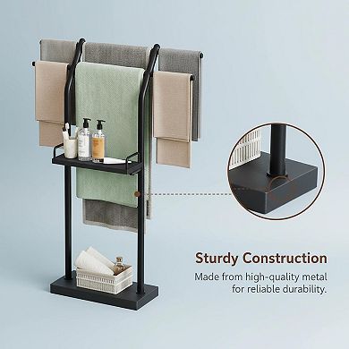 Free Standing Towel Rack 4-Tier Storage Double Rods Sturdy Metal