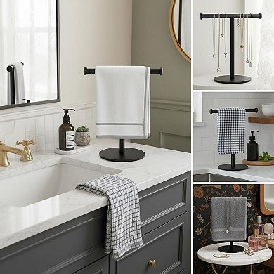 Matte Black Hand Towel Holder Countertop Stand T-shape for Bathroom Kitchen Stable Base