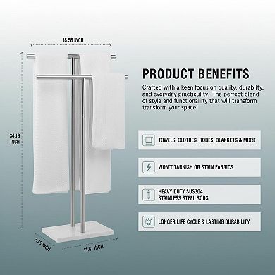 Freestanding Towel Rack 2 Tier Stainless Steel Double T Shape with Heavy Marble Base