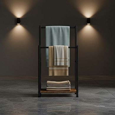 Freestanding Towel Rack 2 Tier Blanket Holder Rustic Brown Black