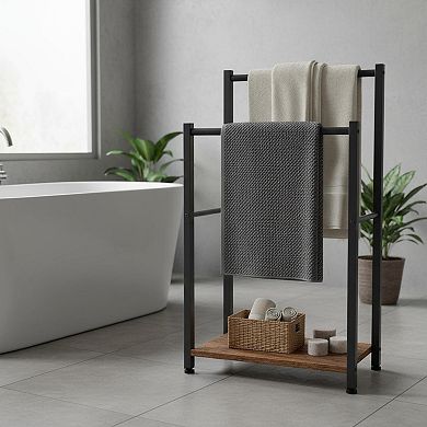 Freestanding Towel Rack 2 Tier Blanket Holder Rustic Brown Black