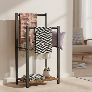Freestanding Towel Rack 2 Tier Blanket Holder Rustic Brown Black