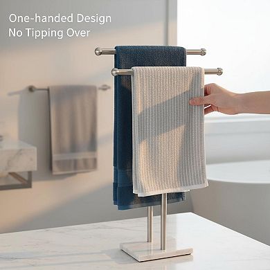 Stainless Steel 2-Tier Standing Towel Rack T-Shape Marble Base Brushed Nickel