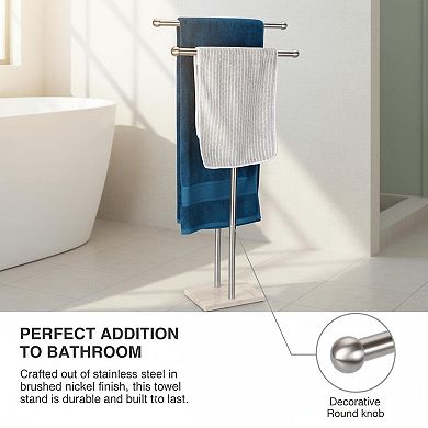 Stainless Steel 2-Tier Standing Towel Rack T-Shape Marble Base Brushed Nickel