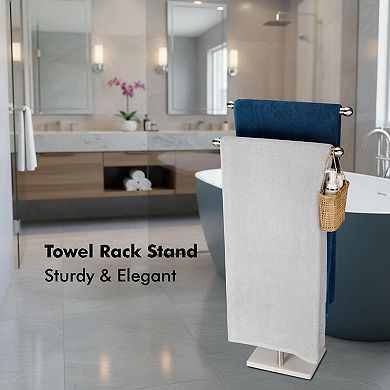 Stainless Steel 2-Tier Standing Towel Rack T-Shape Marble Base Brushed Nickel