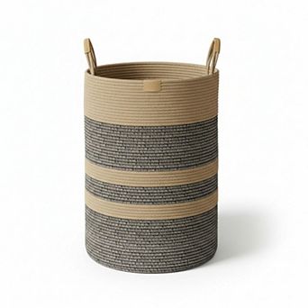 Striped Laundry Hamper with Leather Handles Large Foldable