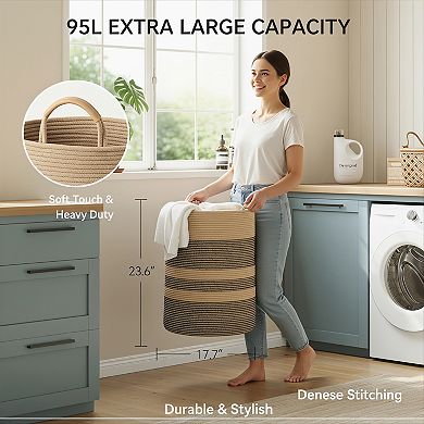 Striped Laundry Hamper with Leather Handles Large Foldable