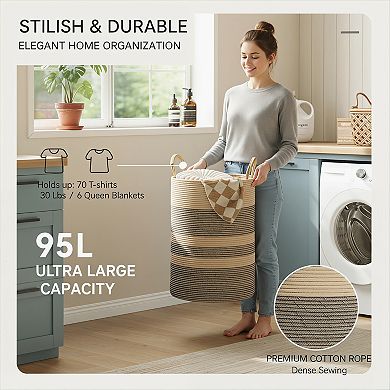 Striped Laundry Hamper with Leather Handles Large Foldable