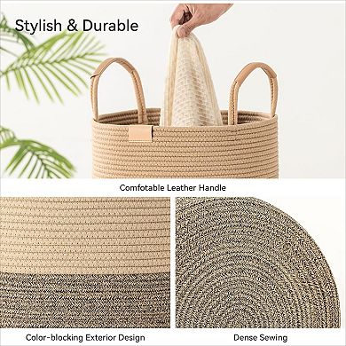 Striped Laundry Hamper with Leather Handles Large Foldable