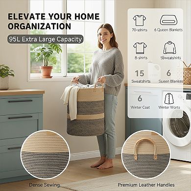 Striped Laundry Hamper with Leather Handles Large Foldable