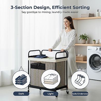 Laundry Hamper 3 Section Rolling Sorter Cart with Wheels
