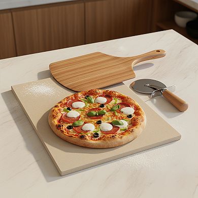 Rectangle Pizza Stone Set 4 PCS Large with Pizza Peel Cutter