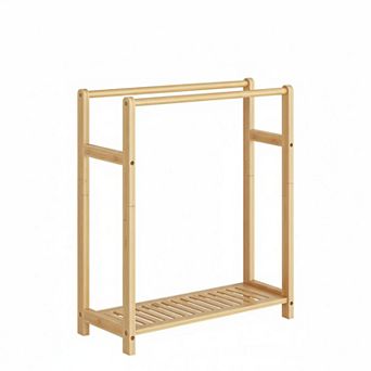 Freestanding Bamboo Towel Rack 2 tier Blanket Display Stand with Storage Shelf