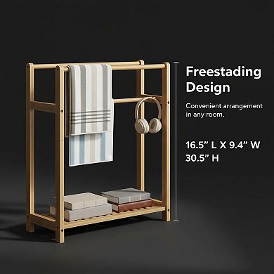 Freestanding Bamboo Towel Rack 2 Tier Blanket Display Stand with Storage Shelf