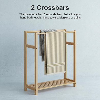 Freestanding Bamboo Towel Rack 2 Tier Blanket Display Stand with Storage Shelf
