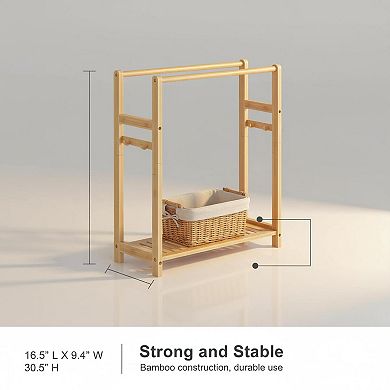 Freestanding Bamboo Towel Rack 2 Tier Blanket Display Stand with Storage Shelf