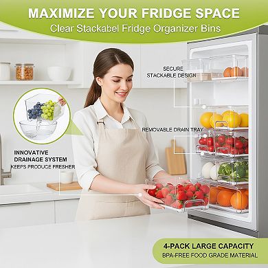 Refrigerator Drawer Organizer Bins 4 Pack Clear Stackable