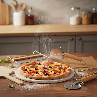 Round Pizza Stone Set 5 PCS 13 Inch with Pizza Peel and Cutter