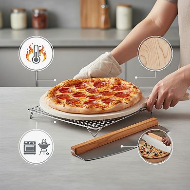 Round Pizza Stone Set 5 PCS 13 Inch with Pizza Peel and Cutter