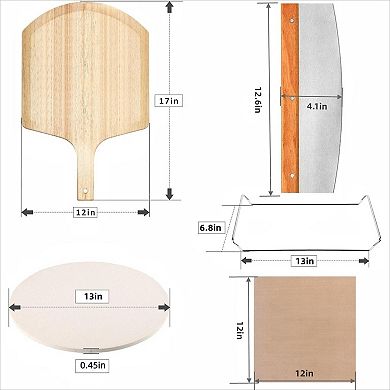 Round Pizza Stone Set 5 PCS 13 Inch with Pizza Peel and Cutter