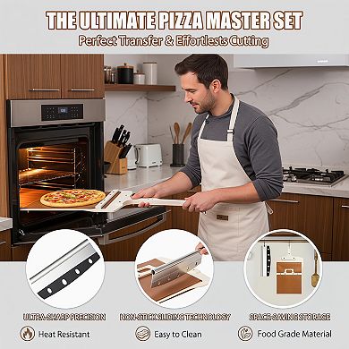 Sliding Pizza Peel with Pizza Cutter Rocker Detachable Handle