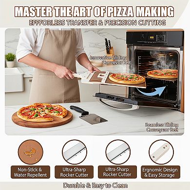 Sliding Pizza Peel with Pizza Cutter Rocker Detachable Handle