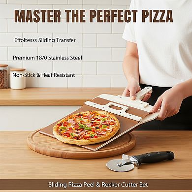 Sliding Pizza Peel with Pizza Cutter Rocker Detachable Handle